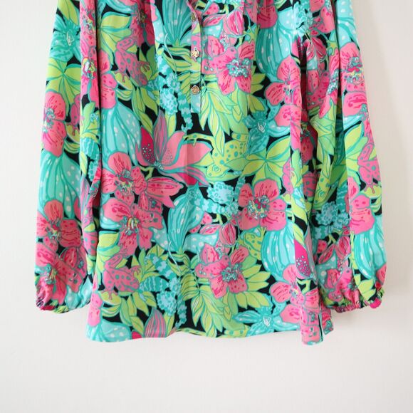 Lilly Pulitzer Size S 100% Silk Elsa Skip On It Top Blouse Frogs Floral - Picture 4 of 13